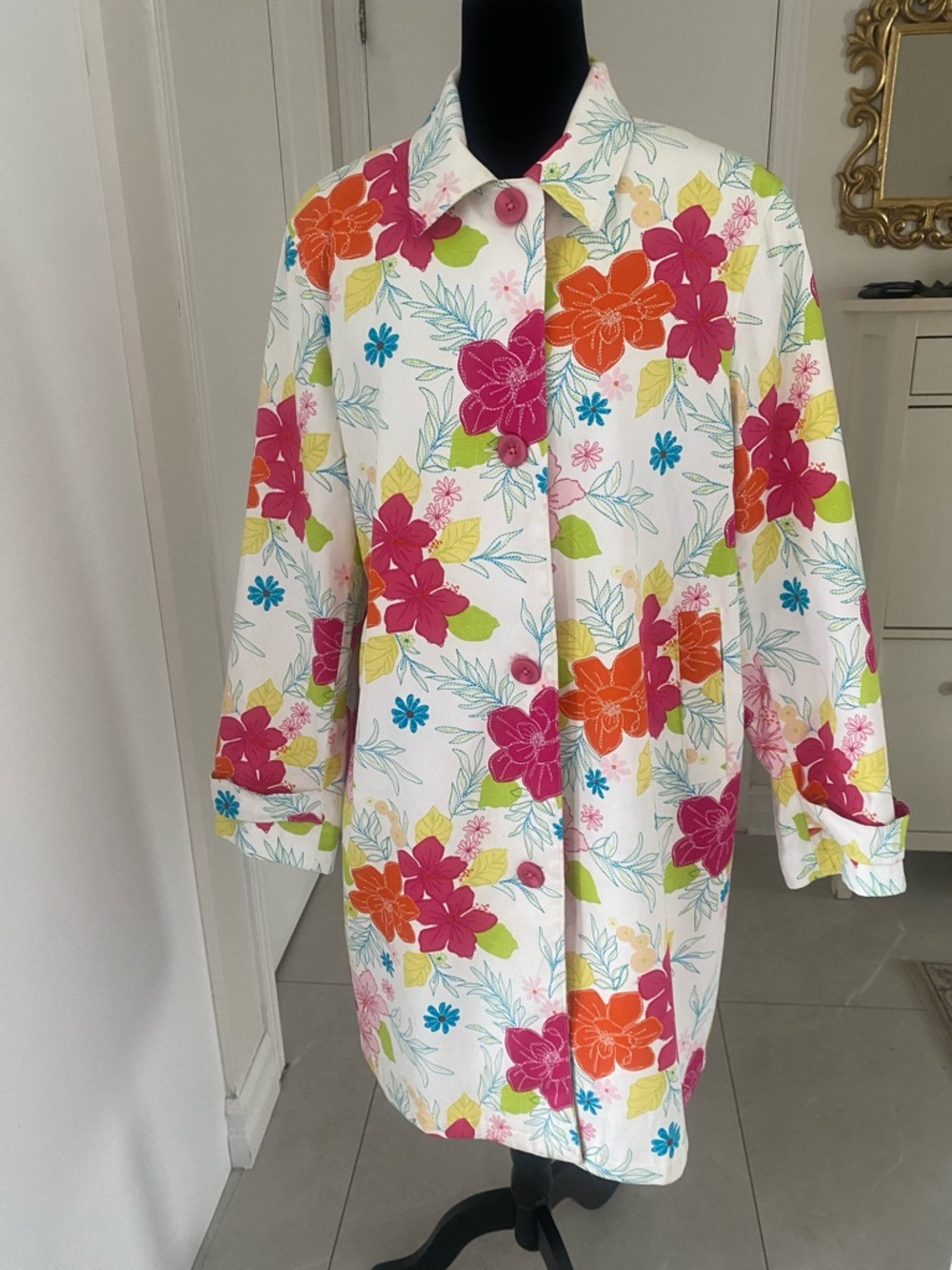 Harvé Benard Bold Colourful Floral button down lined cotton Spring Coat Size 16 - Picture 13 of 17